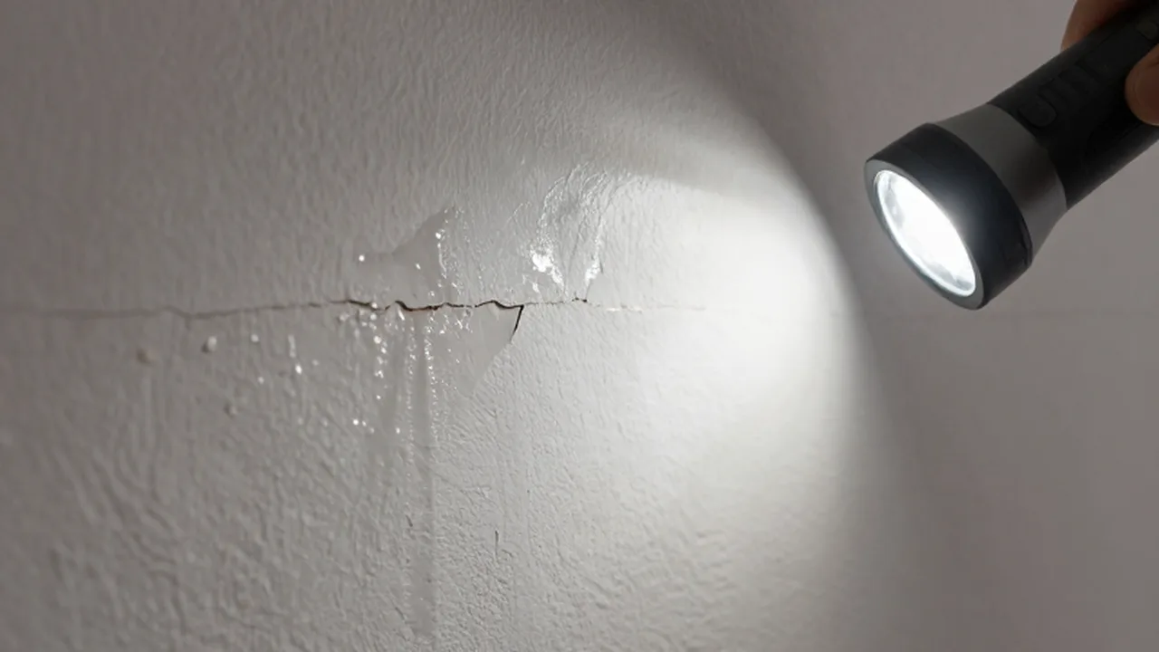 Pared con humedad, manchas de agua y pintura descascarada iluminada por una linterna.