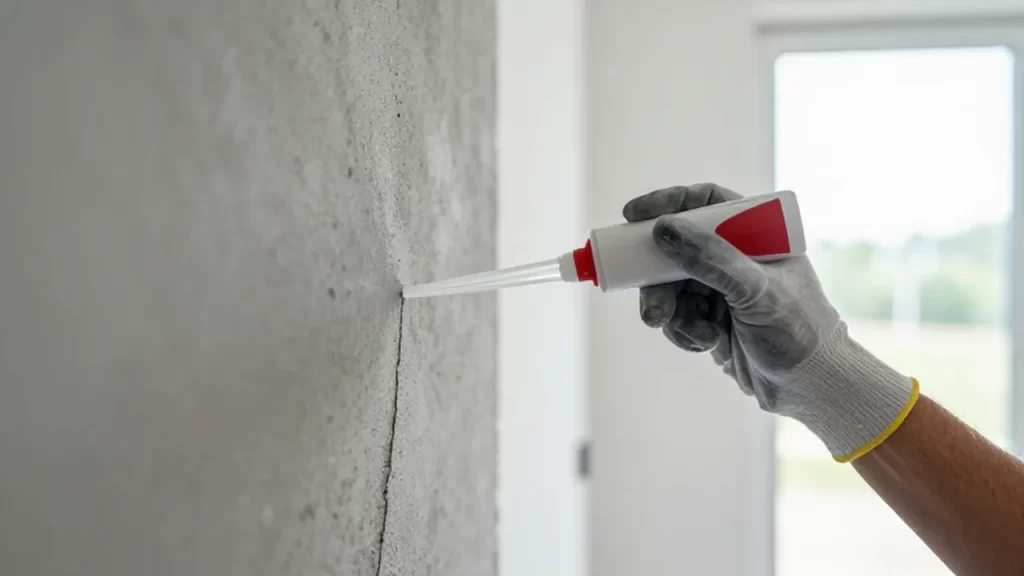 Mano con guante aplicando sellador transparente sobre una pequeña grieta en una pared de concreto.