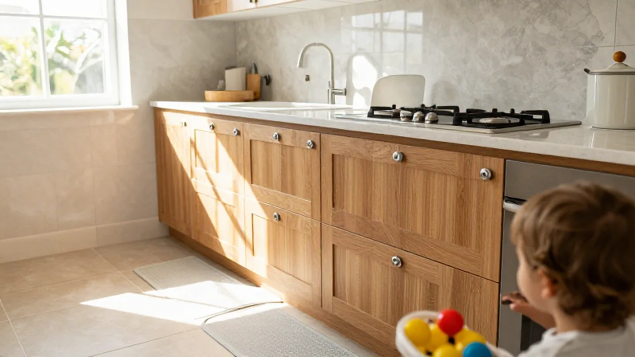 Cocina y baño modernos equipados con medidas de seguridad infantil para proteger a los niños.