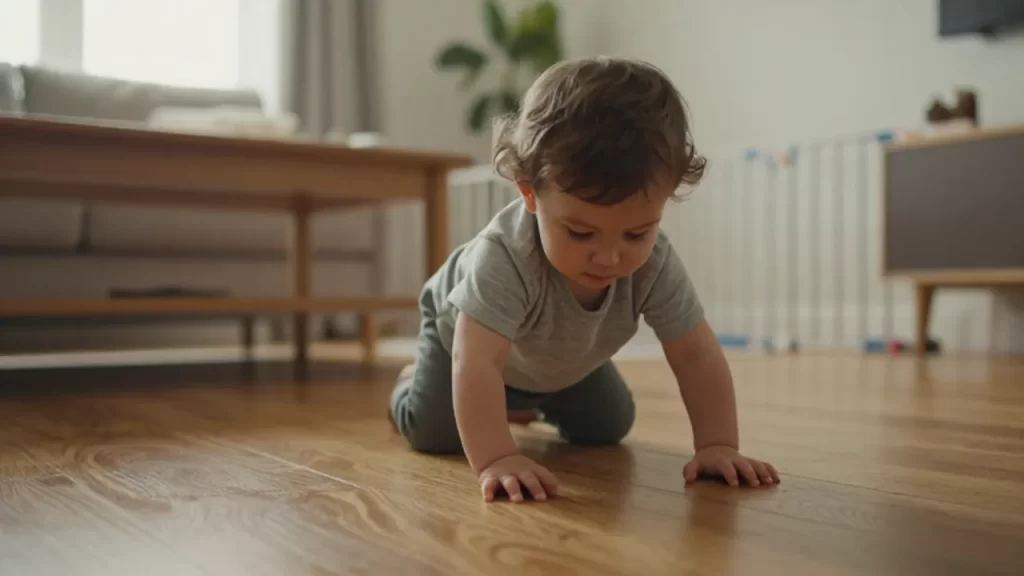 Un niño pequeño gatea por el suelo de madera de una sala de estar segura y acogedora.