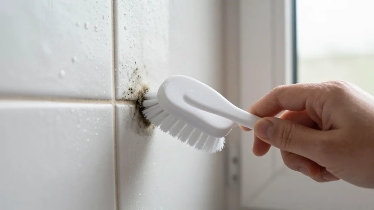 Una mano frota con un cepillo blanco el moho oscuro de la junta de azulejos cerámicos.