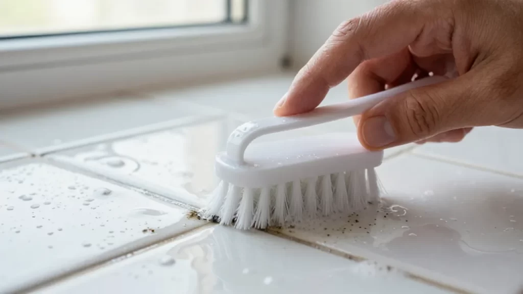 Mano limpiando manchas de moho en la junta de azulejos blancos con un cepillo.