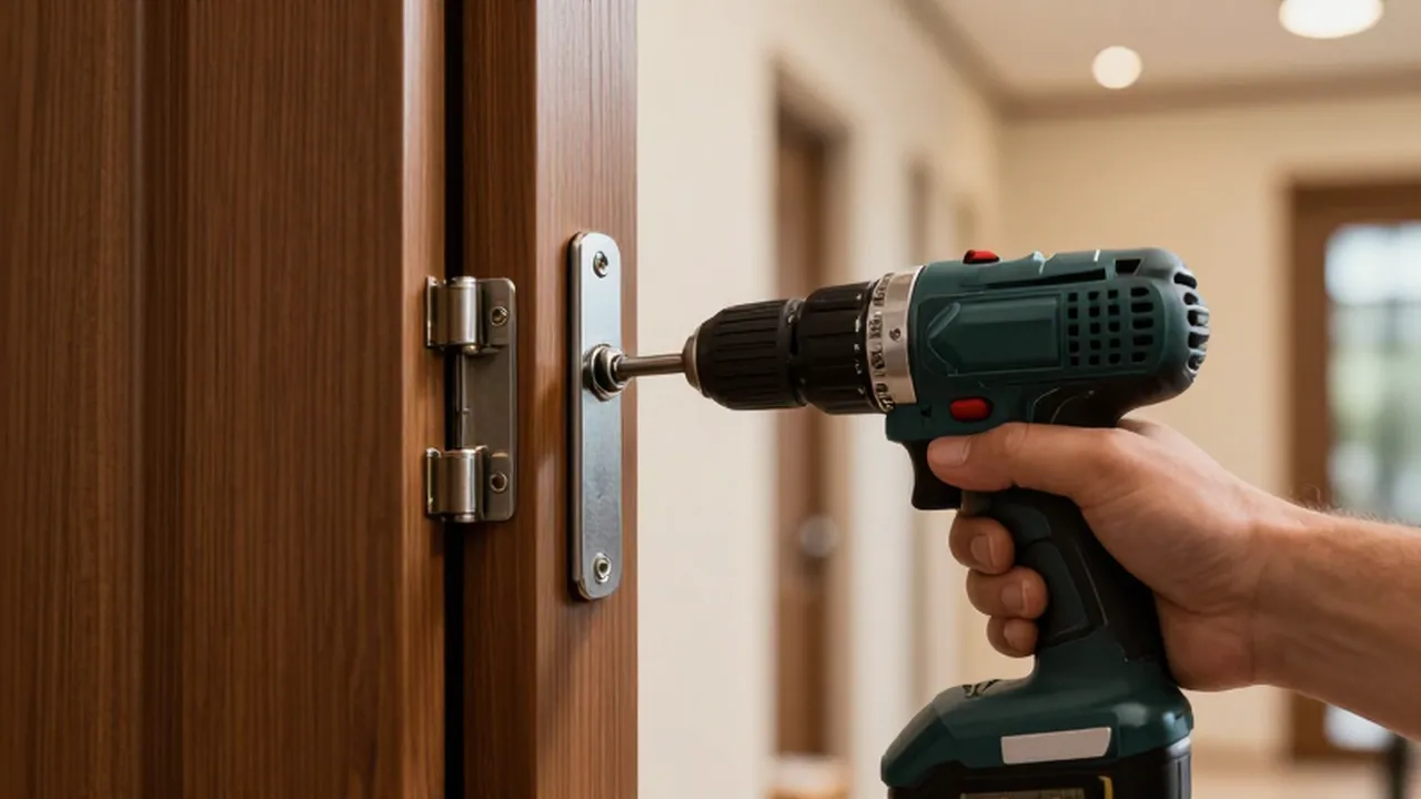 Mano instalando una placa de acero reforzada en una puerta de madera con un taladro inalámbrico.