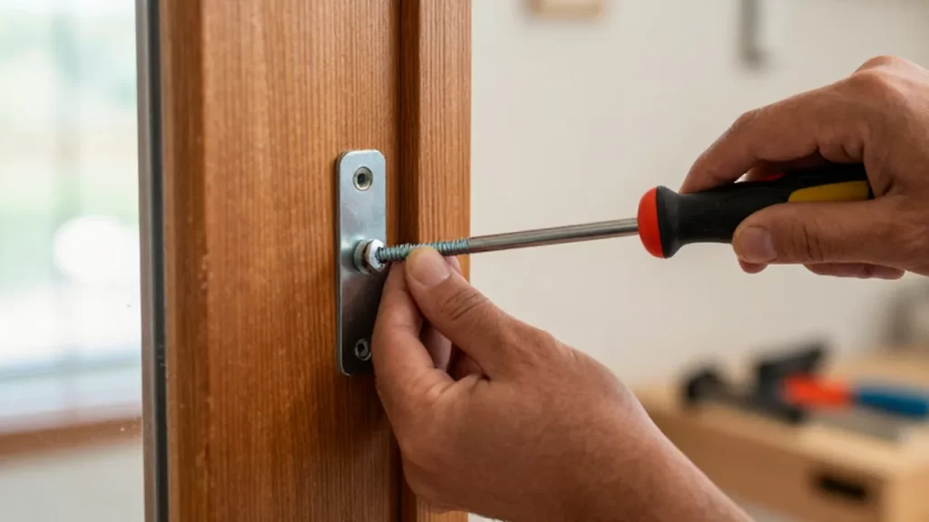 Manos instalando una placa de acero reforzada en el marco de una puerta de madera.