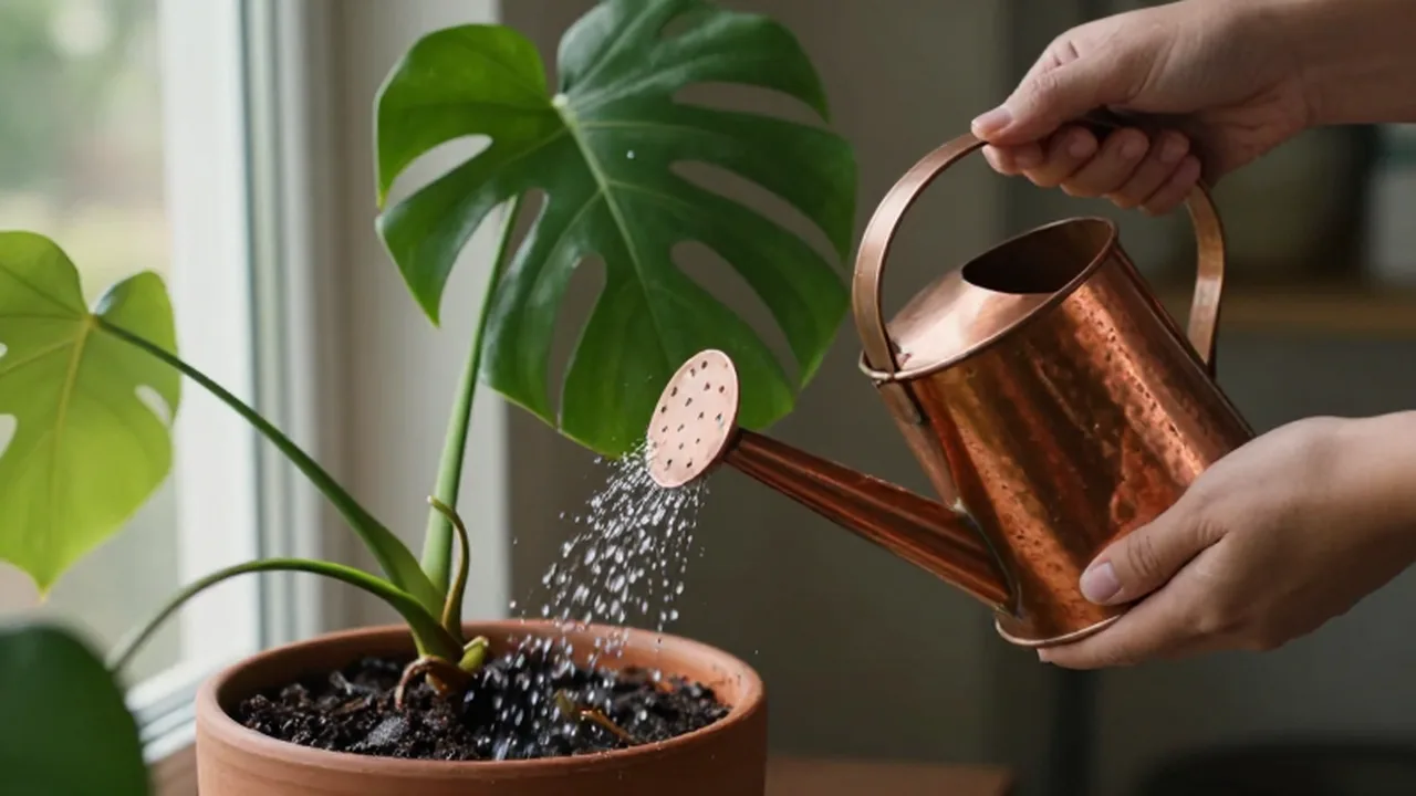 Manos regando una planta Monstera con una regadera de cobre bajo la luz del sol.