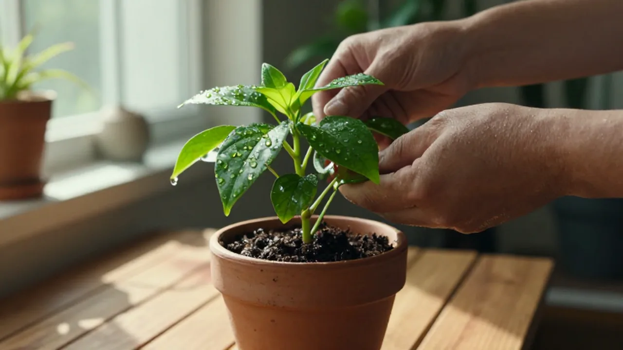 Manos regando con cuidado una planta verde en una maceta de terracota sobre una mesa de madera.