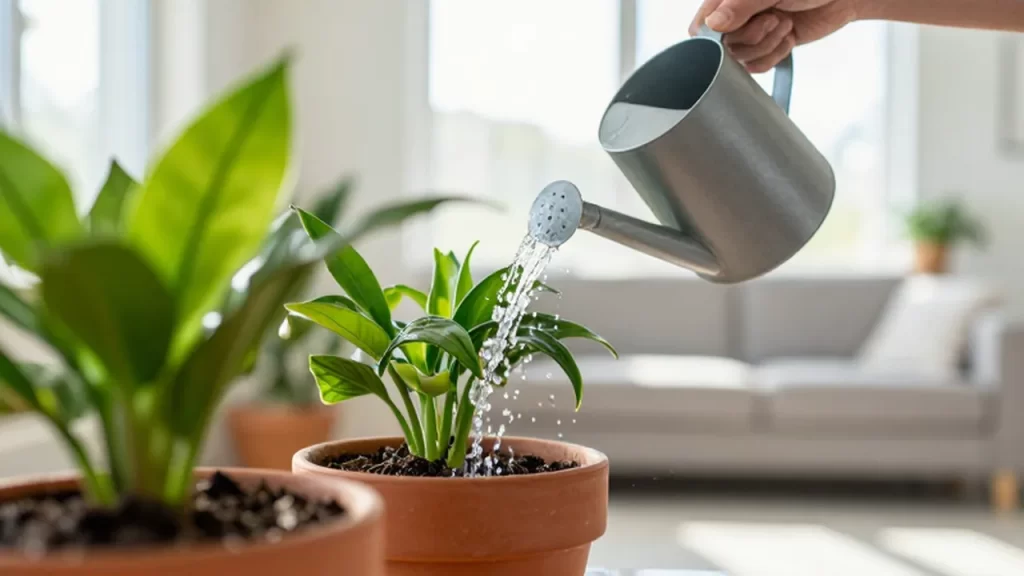 Manos regando con una regadera plantas verdes de interior en una sala iluminada por el sol.