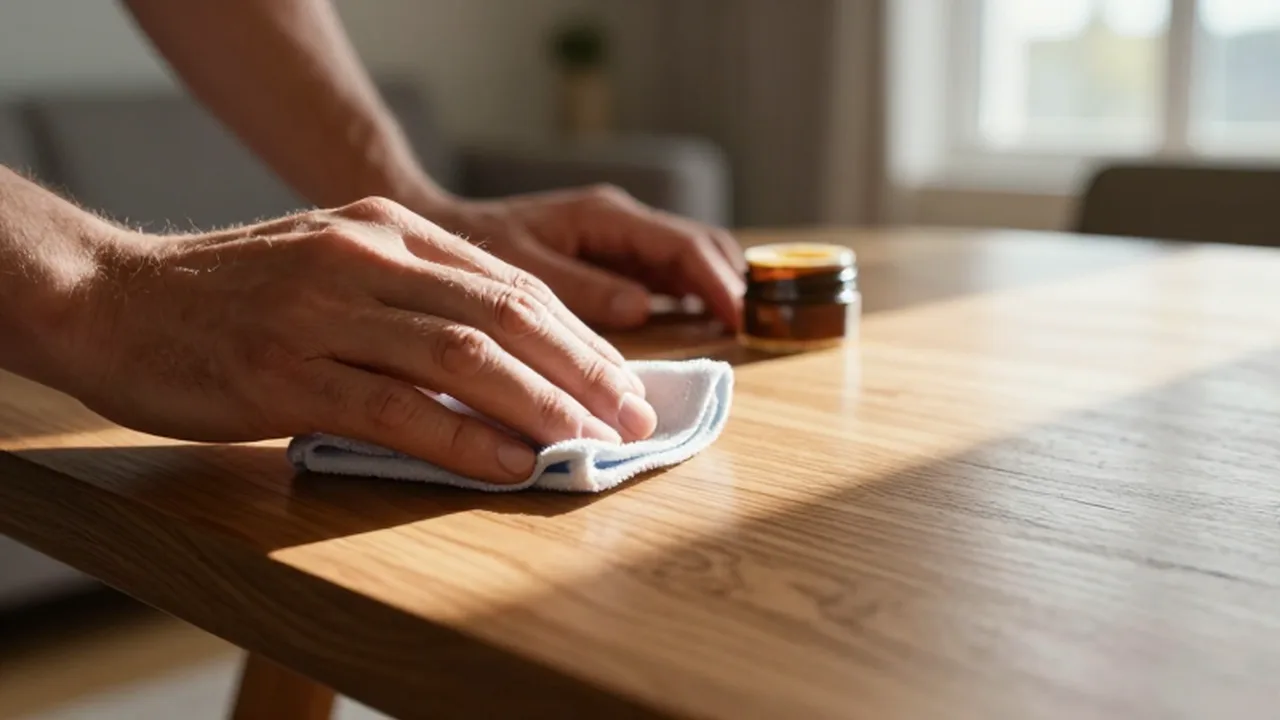 Manos aplicando con un paño de microfibra pulimento sobre un pequeño rasguño en una mesa de roble.