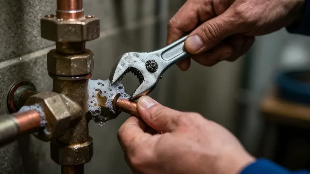 Manos de un fontanero ajustando una tubería de gas con una llave inglesa.