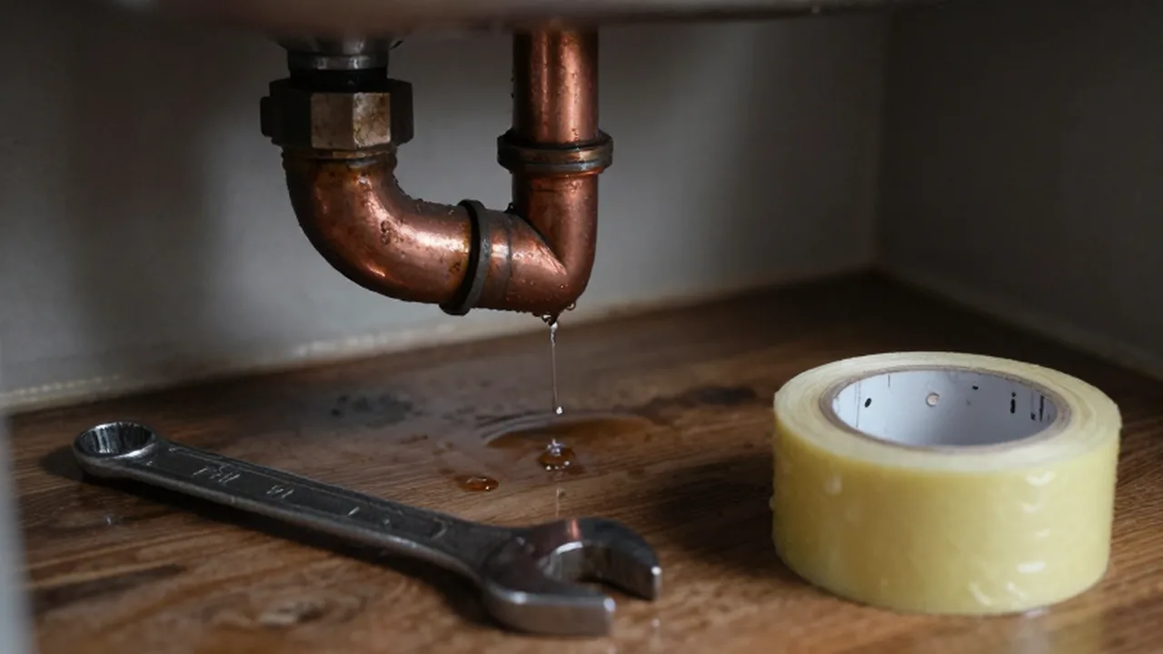 Tubería de cobre con una fuga de agua bajo un fregadero junto a una llave inglesa.