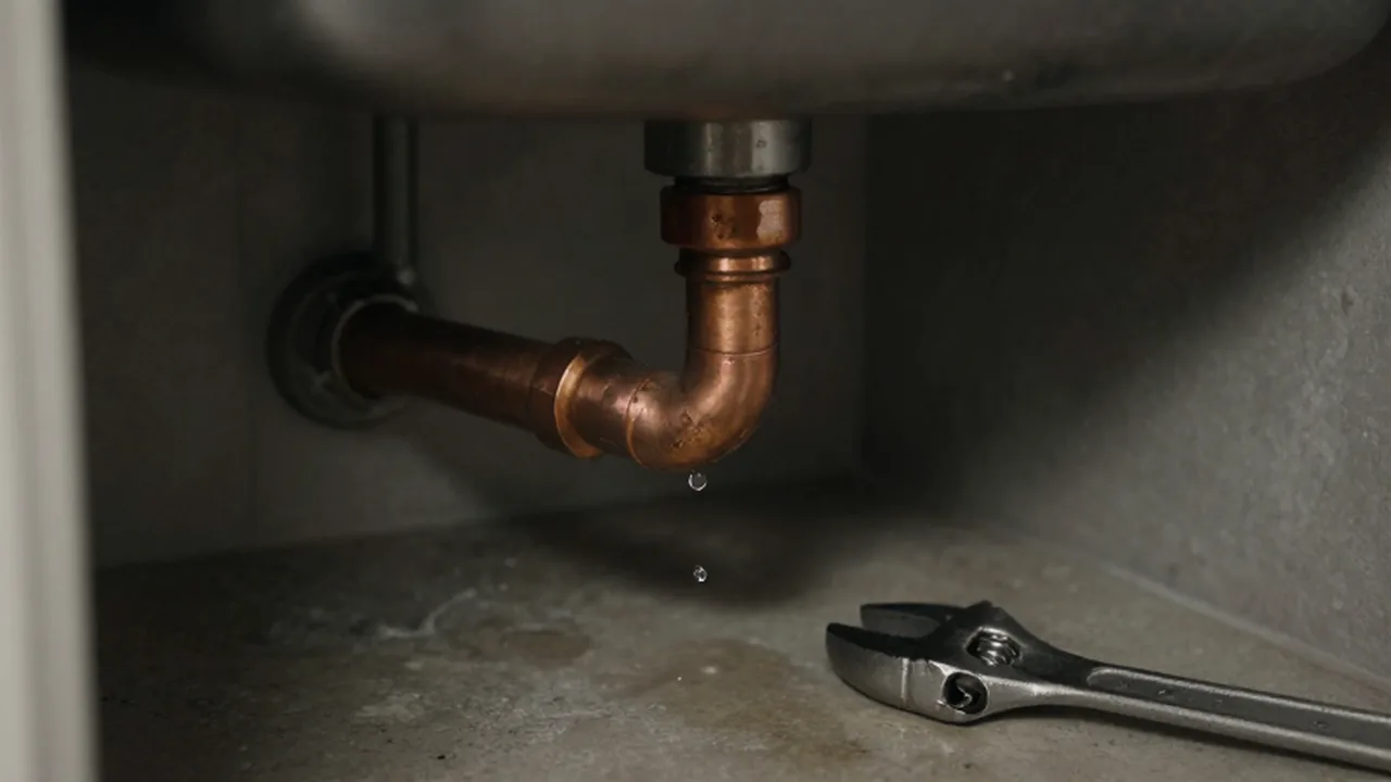 Tubería de cobre con una fuga de agua bajo un fregadero oscuro junto a una llave inglesa.