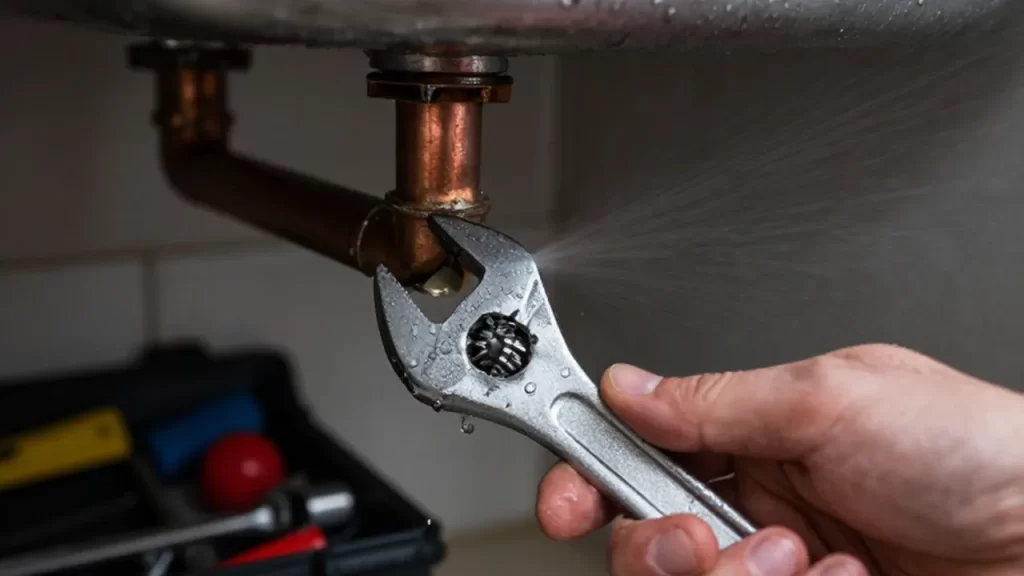 Manos usando una llave inglesa para reparar una tubería de cobre que gotea bajo un fregadero.