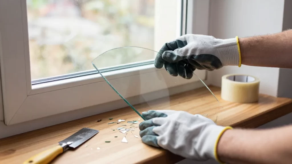 Manos con guantes de protección instalando un nuevo cristal en un marco de ventana de madera.