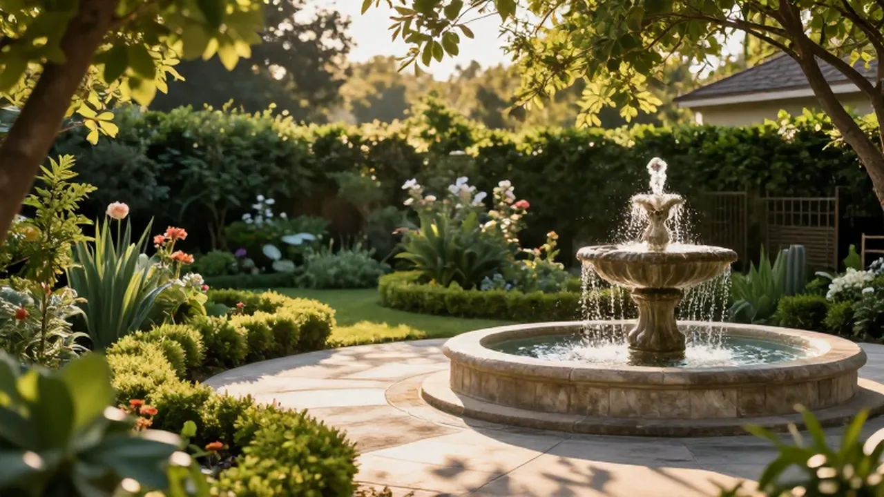 Patio de piedra junto a una fuente de agua en un jardín verde y soleado.