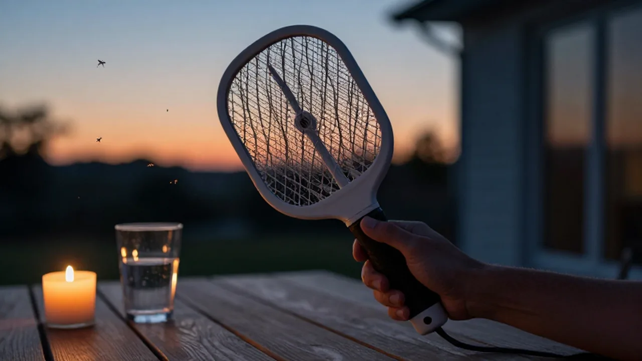 Mano intentando espantar mosquitos con un matamoscas eléctrico en un patio al atardecer.