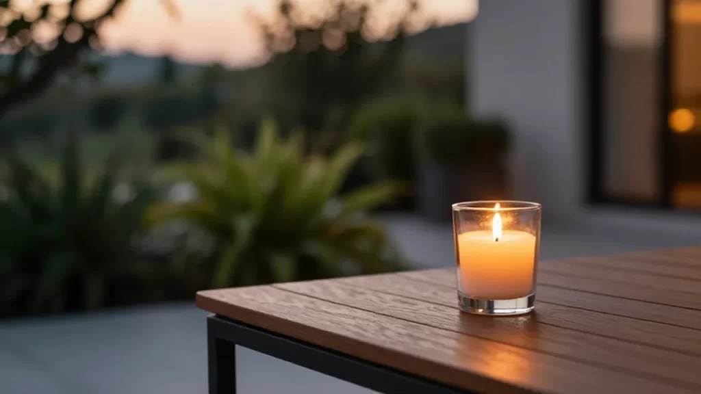 Vela de citronela encendida sobre una mesa de madera en un patio rodeado de plantas.