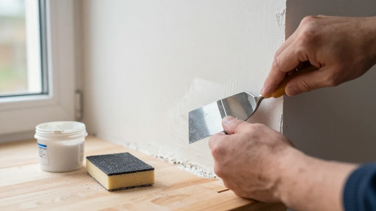 Manos aplicando masilla blanca con una espátula metálica sobre una pared de yeso.