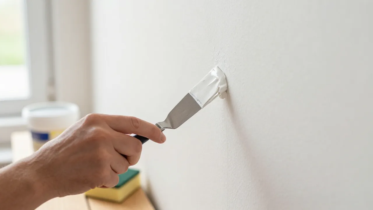 Una mano aplica masilla blanca con una espátula metálica para reparar un agujero en una pared.
