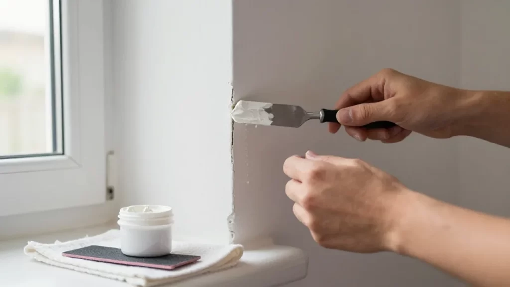 Manos aplicando masilla blanca con una espátula para reparar una grieta en una pared.