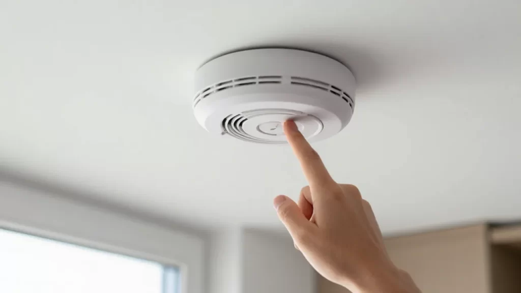 Mano de una persona pulsando el botón de prueba de un detector de humo en el techo.