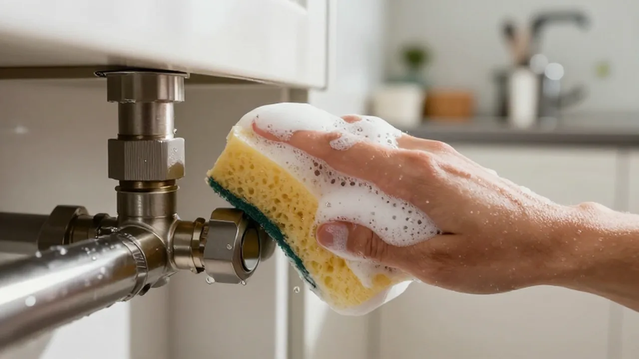 Una mano aplica espuma de jabón sobre una conexión de tubería metálica en una cocina.
