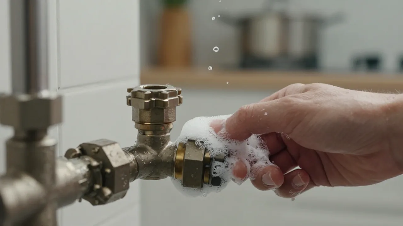 Una mano aplica agua con jabón sobre una conexión de gas para detectar burbujas de una fuga.