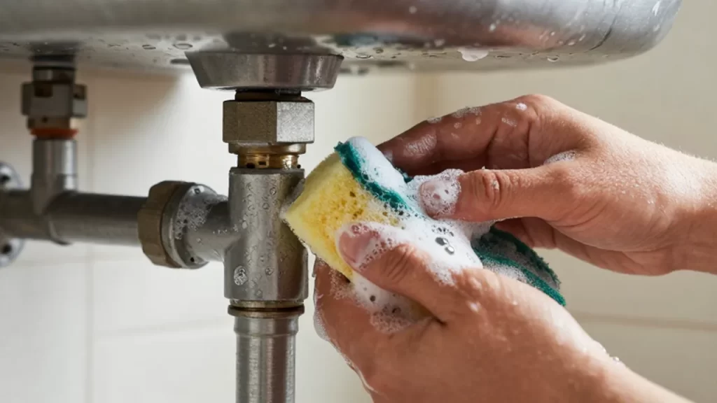 Manos aplicando agua con jabón en la junta de una tubería de gas bajo el fregadero.