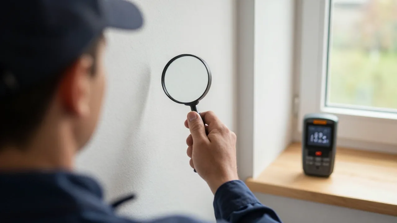 Inspector revisando la humedad de una pared interior con un medidor profesional cerca de una ventana.