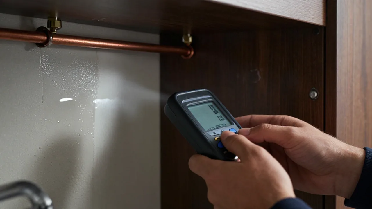 Manos utilizando un medidor de humedad sobre una pared húmeda con una fuga en una tubería de cobre.