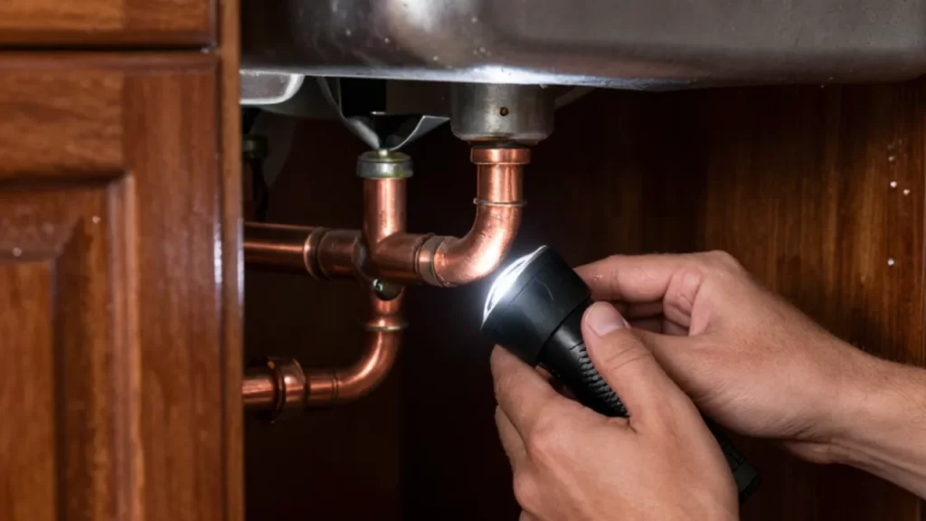 Manos iluminando con una linterna las tuberías de cobre bajo un fregadero de cocina.