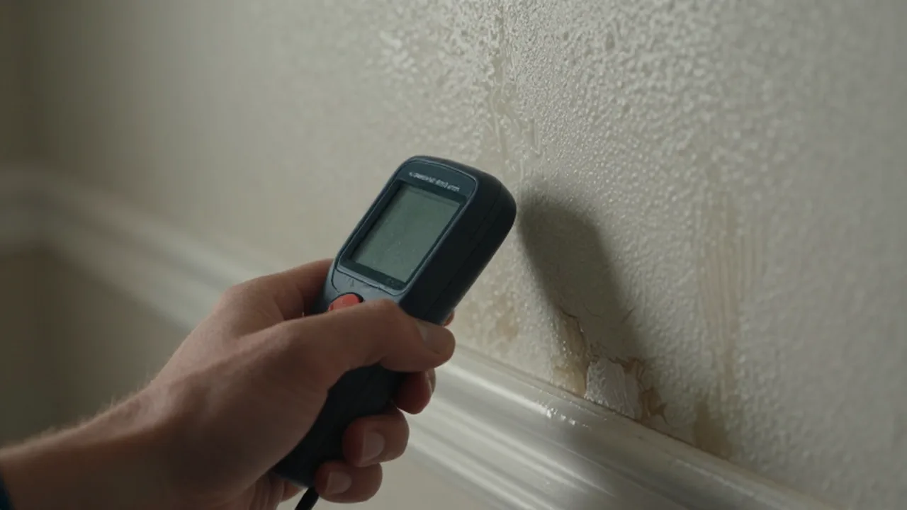Una mano utiliza un medidor de humedad sobre una pared con manchas de agua y pintura descascarada.