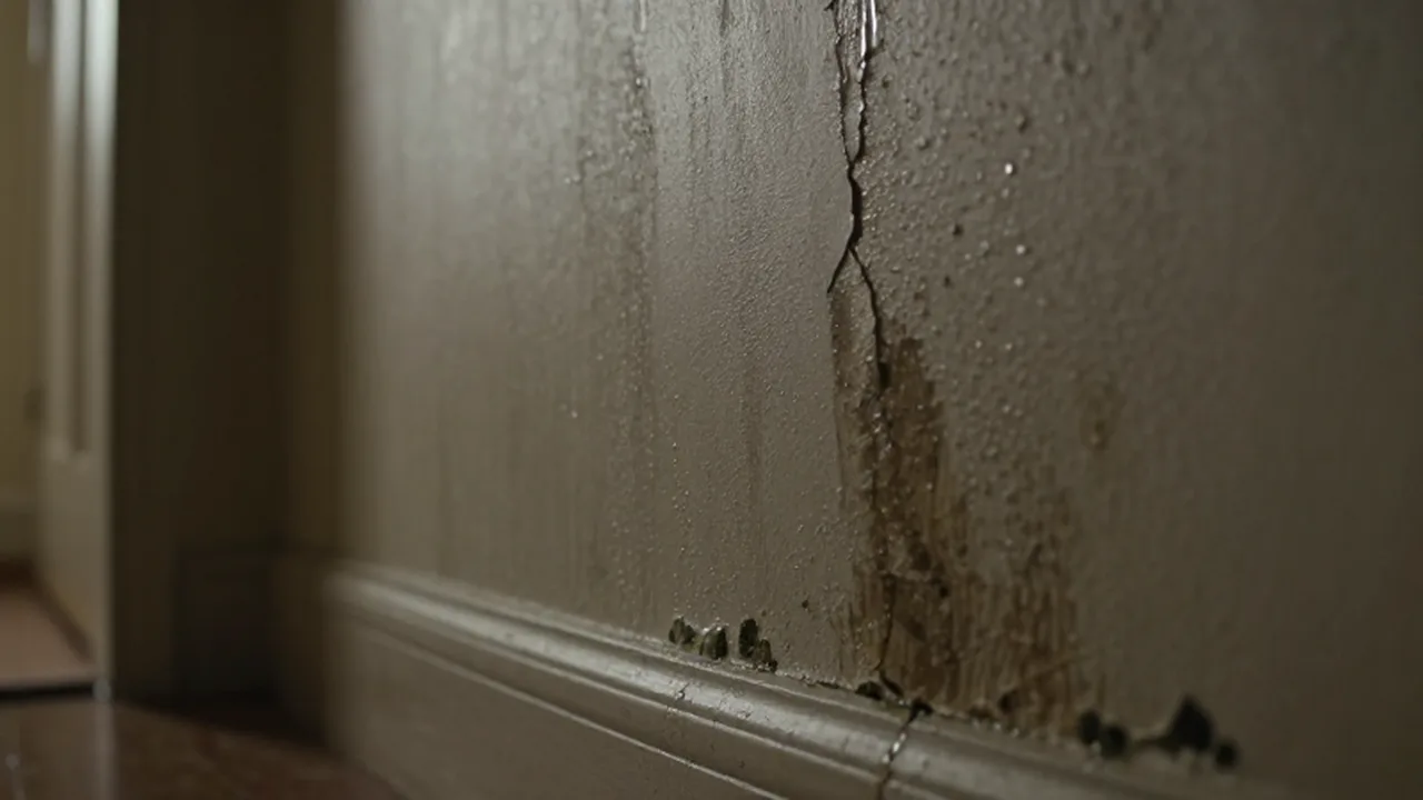Pared con daños por humedad, manchas oscuras y papel tapiz despegándose cerca del suelo.