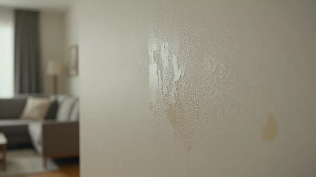 Mancha de humedad con pintura descascarada que se extiende por una pared de una sala.