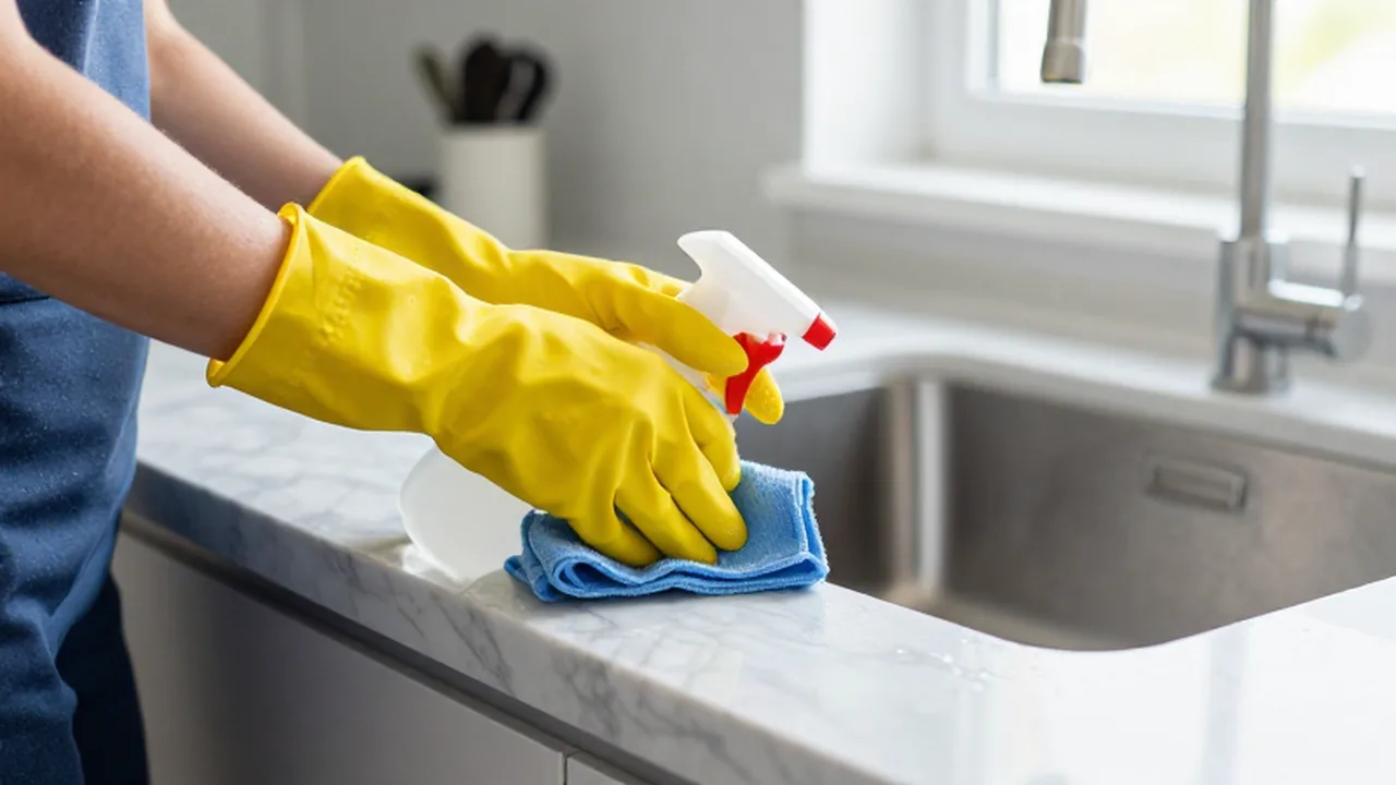 Persona con guantes amarillos limpiando una encimera de mármol brillante en una cocina iluminada.