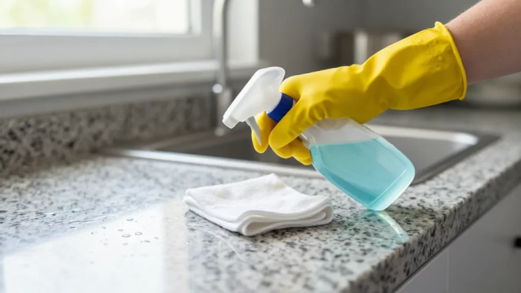 Persona con guantes amarillos desinfectando una encimera de granito con un pulverizador y un paño.