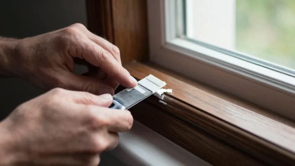 Manos aplicando masilla blanca con una espátula pequeña en una grieta de un marco de madera oscura.