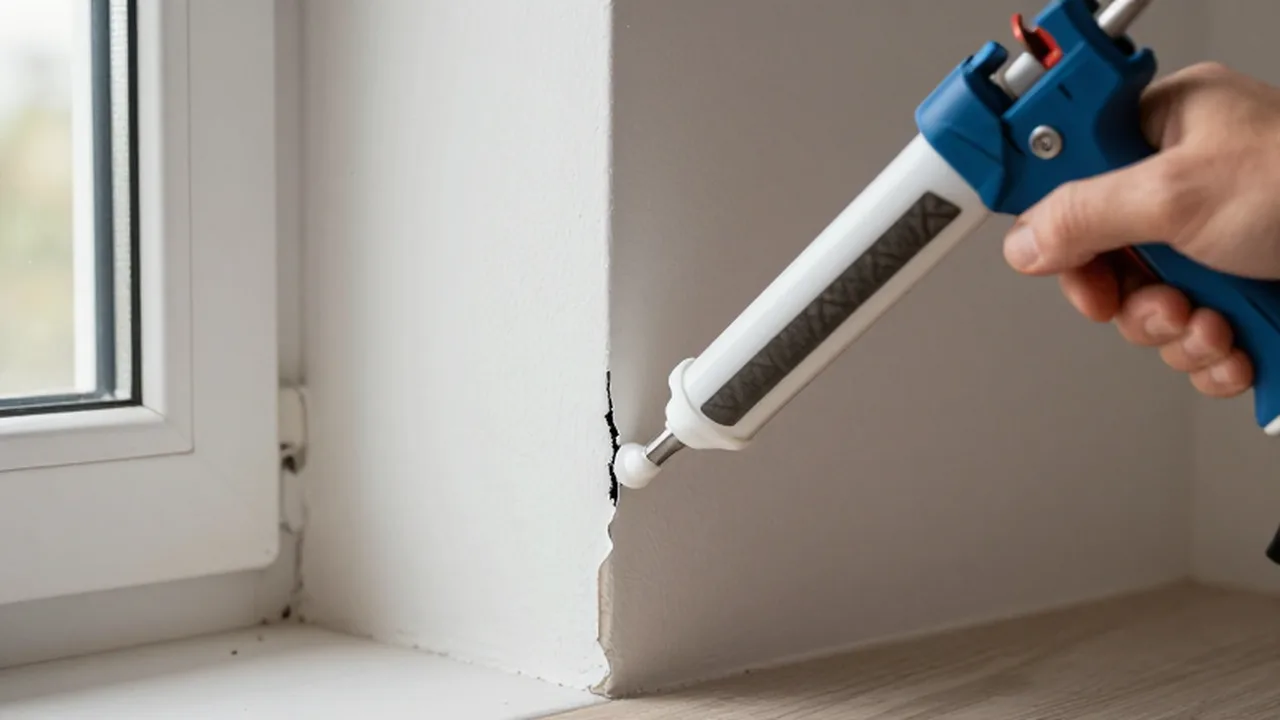 Mano aplicando sellador blanco con una pistola profesional en una grieta de una pared.