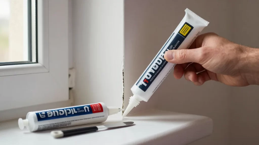 Mano aplicando sellador blanco con una pistola de calafateo en una grieta de la pared.