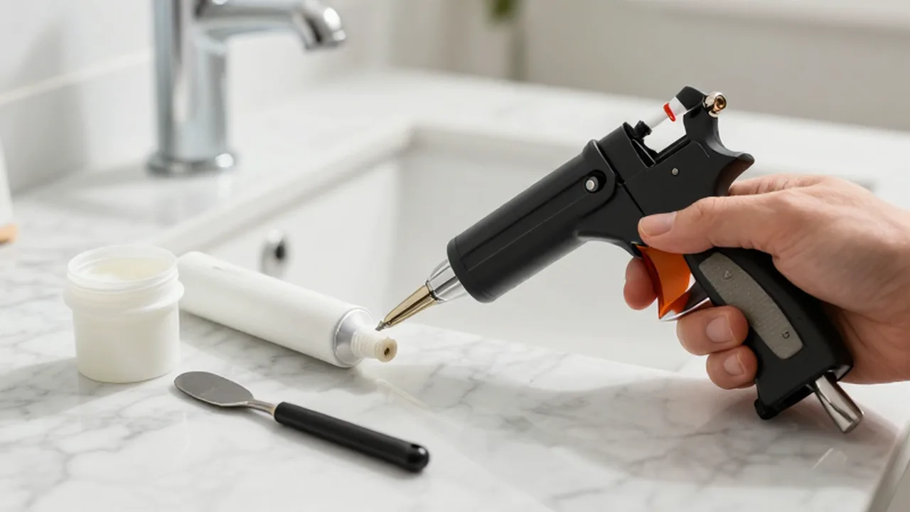 Herramientas de bricolaje para aplicar silicona organizadas sobre una encimera de mármol junto al lavabo.