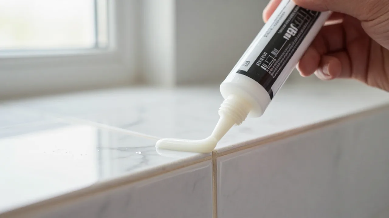 Manos aplicando con precisión una línea de sellador blanco en la junta de un azulejo.
