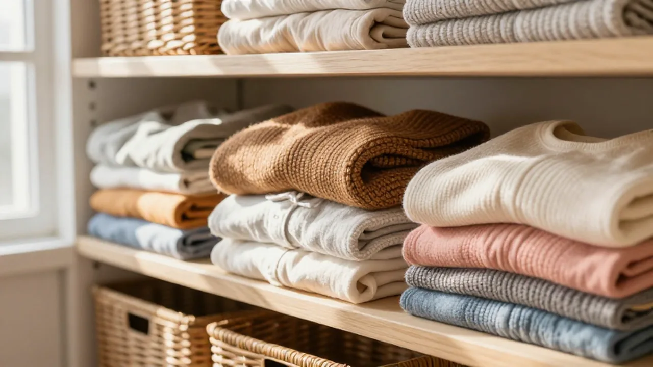 Pilas de ropa doblada de diferentes texturas y colores sobre estantes de madera en un cuarto de lavado luminoso.