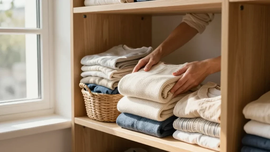 Manos de una mujer doblando un jersey de lana en un vestidor organizado y luminoso.