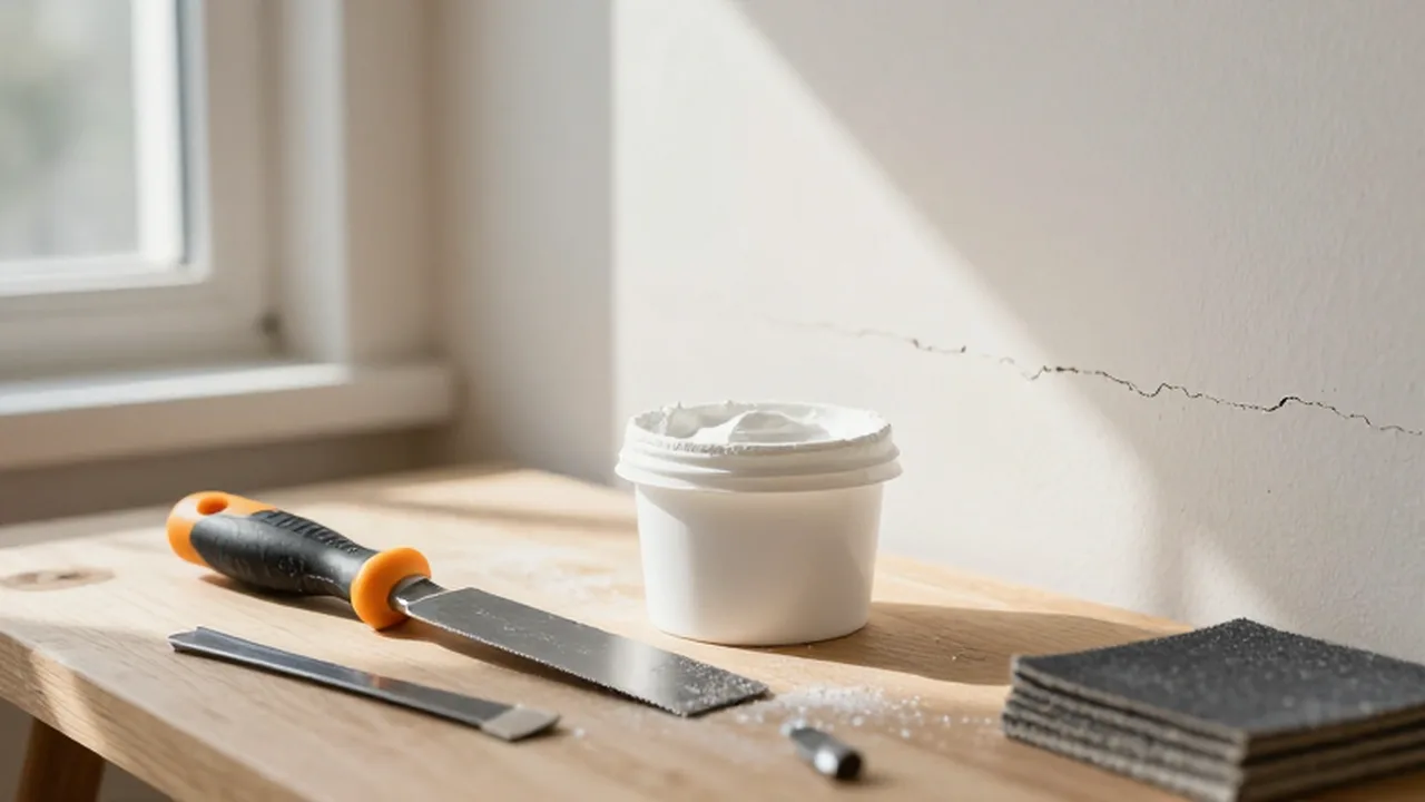 Espátula y un bote de masilla blanca sobre un banco de madera para reparar una grieta en la pared.