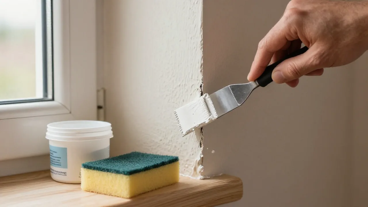 Una mano aplica masilla blanca con una espátula metálica sobre una grieta en la pared.