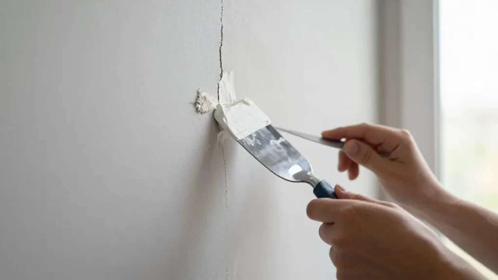 Manos aplicando masilla blanca con una espátula metálica para reparar una grieta en la pared.