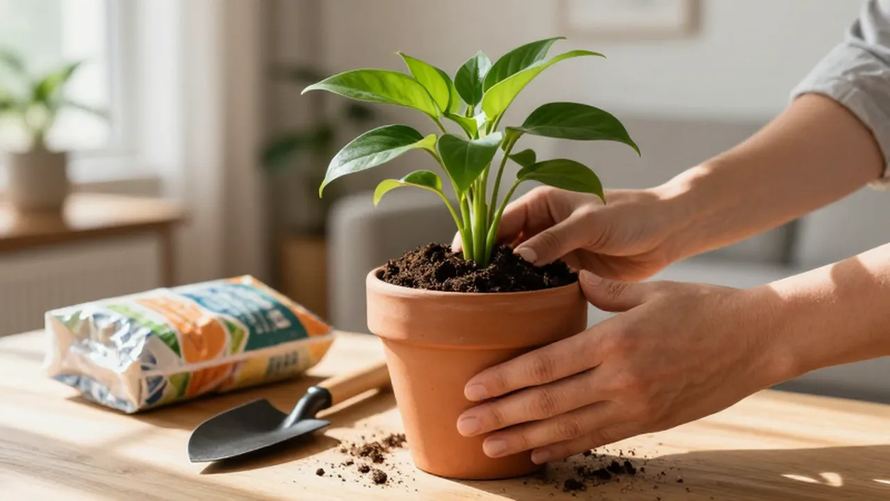 Manos trasplantando una planta verde con tierra orgánica en una maceta de cerámica sobre una mesa de madera.