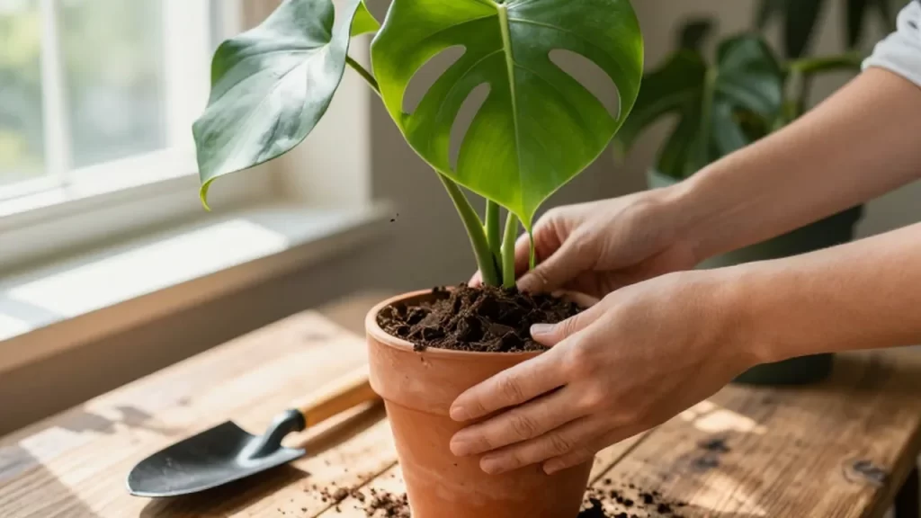Manos trasplantando una planta monstera con tierra negra en una maceta de terracota sobre madera.