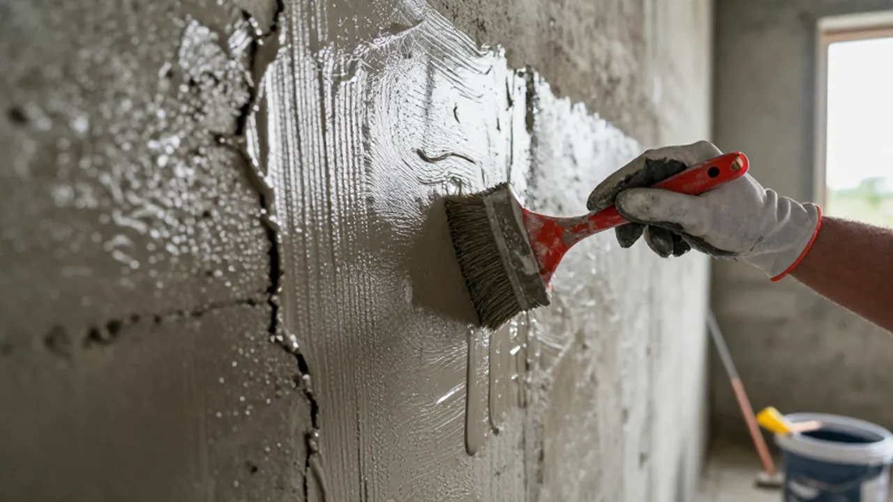 Un trabajador aplica sellador gris con una brocha sobre una pared de concreto húmeda.