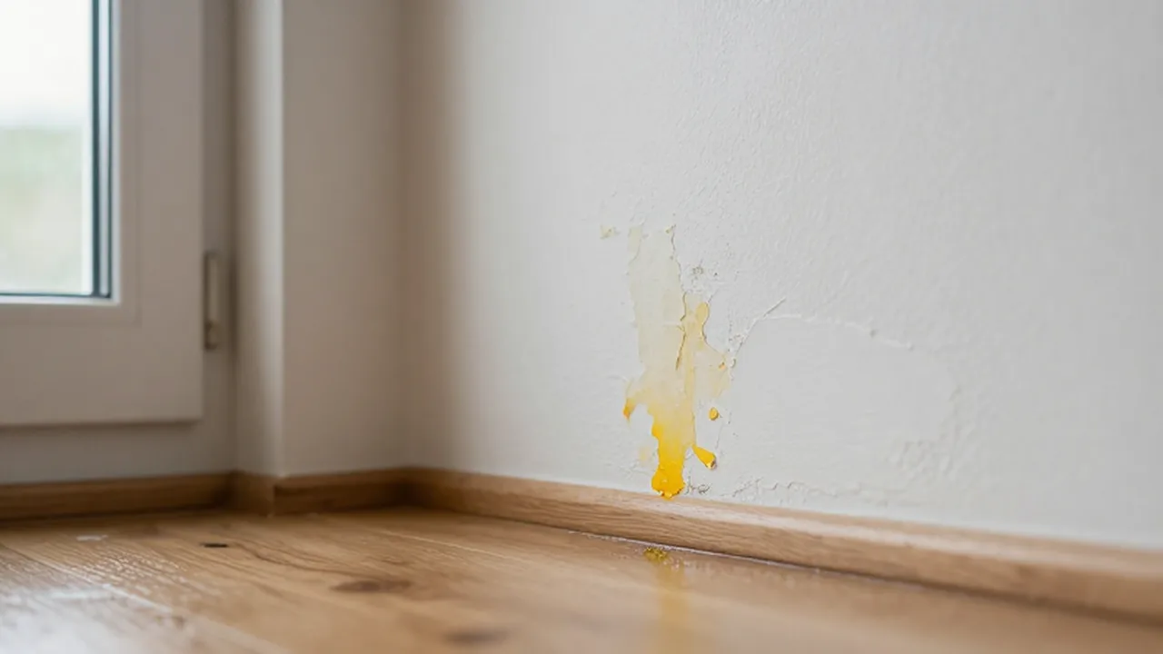 Esquina de una habitación con pintura blanca descascarada, manchas de humedad y leves puntos de moho.