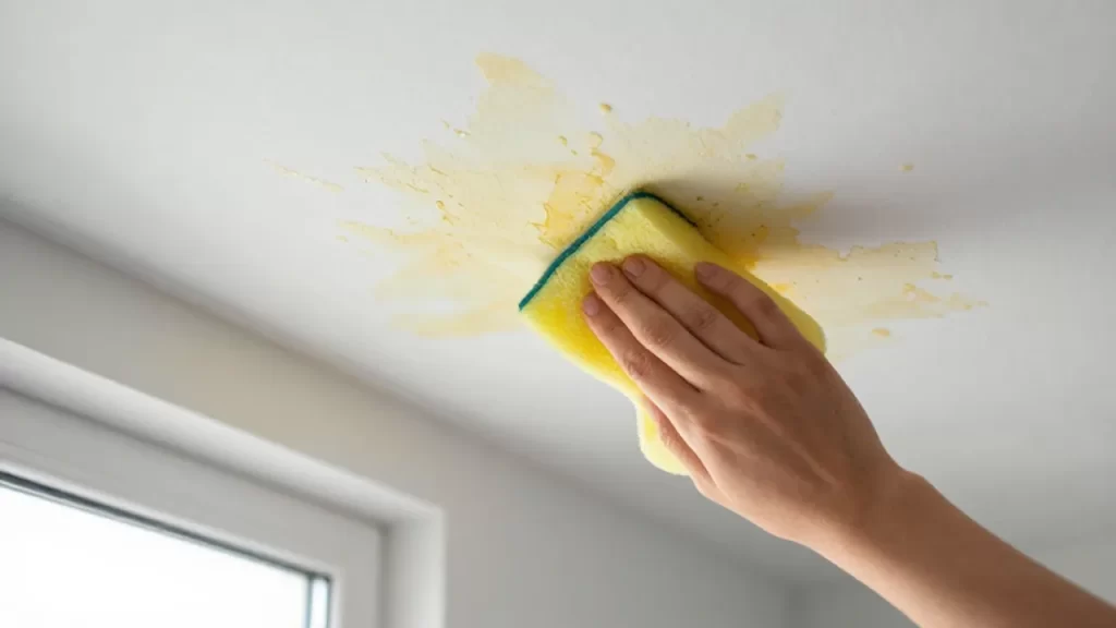 Una mano sostiene una esponja de limpieza junto a manchas amarillas de humedad en un techo blanco.